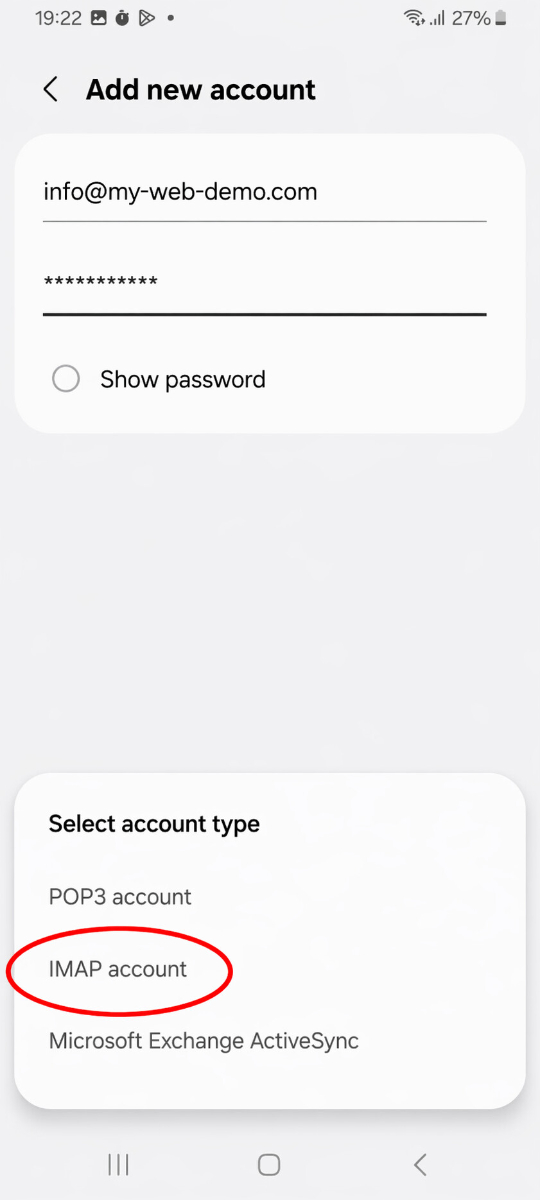 Samsung E-Mail App mit der Auswahl des Kontotyps, wobei IMAP-Konto für die manuelle Einrichtung gewählt wird