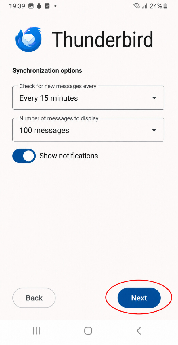 Synchronisierungsoptionen in Thunderbird auf Android